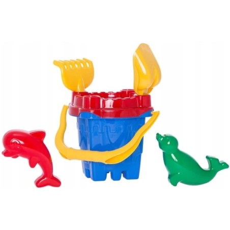 Zestaw do piasku Zamek duże wiaderko + łopatka + grabki + foremki Hemar