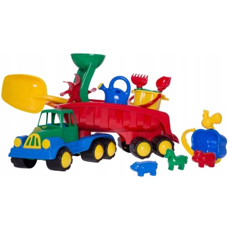 Samochód z naczepą do piasku na plażę + komplet wiaderko konewka 10el.Hemar