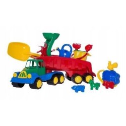 Samochód z naczepą do piasku na plażę + komplet wiaderko konewka 10el.Hemar