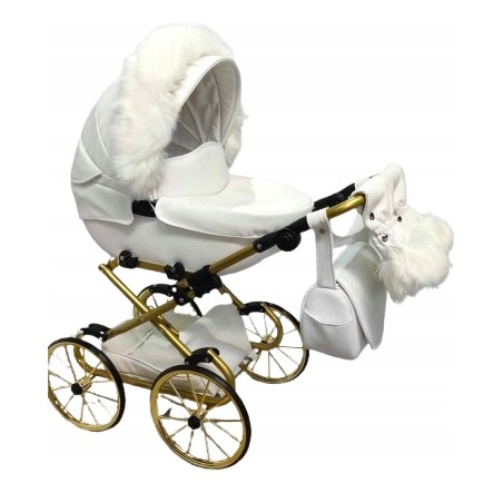 Duży wózek dla lalek lalki głęboki retro złoty beżowy + akcesoria Jackmar