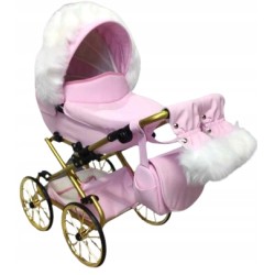 Duży wózek dla lalek lalki głęboki retro złoty beżowy + akcesoria Jackmar