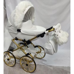Duży wózek dla lalek lalki głęboki retro złoty biały + akcesoria Jackmar