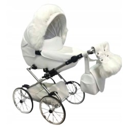 Duży wózek dla lalek lalki głęboki retro srebrny czarny + akcesoria Jackmar