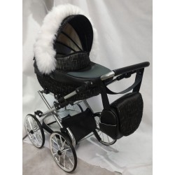 Duży wózek dla lalek lalki głęboki retro srebrny czarny + akcesoria Jackmar