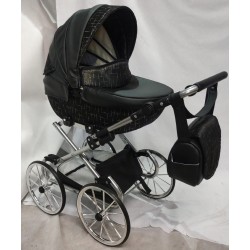 Duży wózek dla lalek lalki głęboki retro srebrny czarny + akcesoria Jackmar