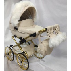 Duży wózek dla lalek lalki głęboki retro złoty beżowy + akcesoria Jackmar