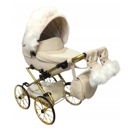 Duży wózek dla lalek lalki głęboki retro złoty różowy + akcesoria Jackmar