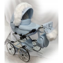 Duży wózek dla lalek głęboki retro złoty niebieski futerko Jackmar