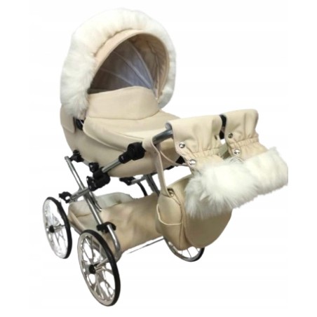 Duży wózek dla lalek lalki głęboki retro srebrny różowy + akcesoria Jackmar