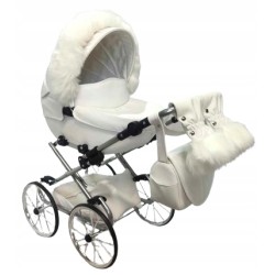 Duży wózek dla lalek lalki głęboki retro srebrny różowy + akcesoria Jackmar