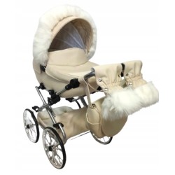 Duży wózek dla lalek lalki głęboki retro srebrny biały + akcesoria Jackmar