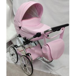 Duży wózek dla lalek lalki głęboki retro srebrny różowy + akcesoria Jackmar