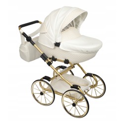 Duży wózek dla lalek lalki głęboki retro złoty różowy + akcesoria Jackmar