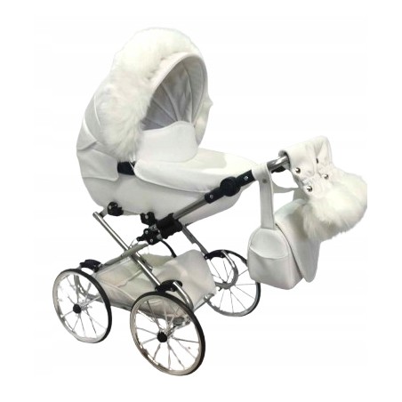 Duży wózek dla lalek lalki głęboki retro srebrny beżowy + akcesoria Jackmar