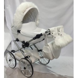 Duży wózek dla lalek lalki głęboki retro srebrny biały + akcesoria Jackmar