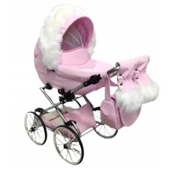 Duży wózek dla lalek lalki głęboki retro srebrny beżowy + akcesoria Jackmar