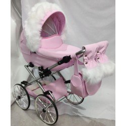 Duży wózek dla lalek lalki głęboki retro srebrny różowy + akcesoria Jackmar