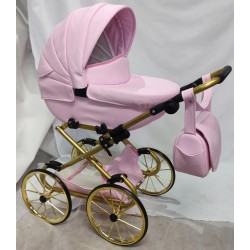Duży wózek dla lalek lalki głęboki retro złoty różowy + akcesoria Jackmar