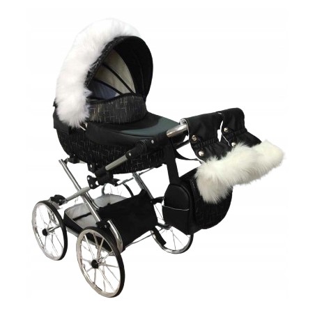 Duży wózek dla lalek głęboki retro czarny srebrny dla dziewczynki Jackmar