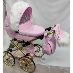 Duży wózek dla lalek lalki głęboki retro złoty różowy + akcesoria Jackmar