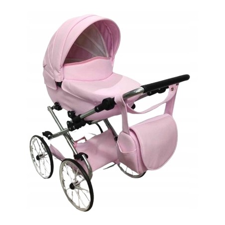 Duży wózek dla lalek głęboki retro różowy srebrny dla dziewczynki Jackmar