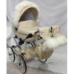 Duży wózek dla lalek lalki głęboki retro srebrny beżowy + akcesoria Jackmar