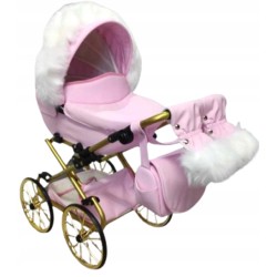 Duży wózek dla lalek głęboki retro dla lalki złoty różowy Jackmar