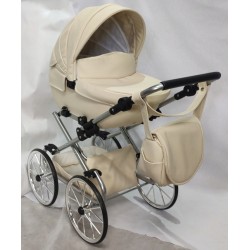 Duży wózek dla lalek lalki głęboki retro srebrny beżowy + akcesoria Jackmar