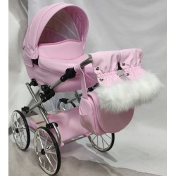 Duży wózek dla lalek głęboki retro różowy srebrny dla dziewczynki Jackmar