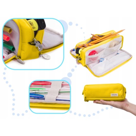 Piórnik szkolny trzykomorowy do szkoły kosmetyczka żółta 3w1