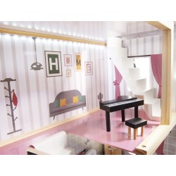 Domek dla lalek drewniany MDF oświetlenie LED + mebelki 78cm jasne kolory