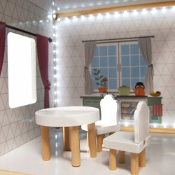 Domek dla lalek drewniany MDF oświetlenie LED + mebelki 78cm jasne kolory