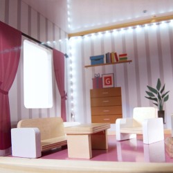 Domek dla lalek drewniany MDF oświetlenie LED + mebelki 78cm jasne kolory
