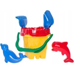 Zestaw do piasku Zamek wiaderko niebieskie + łopatka grabki foremki Hemar