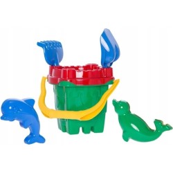 Zestaw do piasku Zamek wiaderko niebieskie + łopatka grabki foremki Hemar