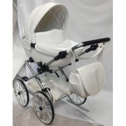 Duży wózek dla lalek głęboki retro biały srebrny dla dziewczynki Jackmar