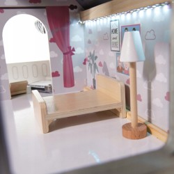 Domek dla lalek drewniany MDF oświetlenie LED + mebelki 78cm jasne kolory