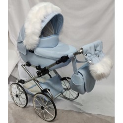 Duży wózek dla lalek głęboki retro błękit srebrny dla dziewczynki Jackmar