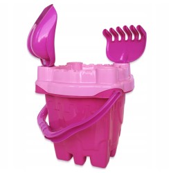 Zestaw do piasku Zamek różowe wiaderko + łopatka + grabki + foremki Hemar