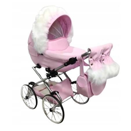 Duży wózek dla lalek lalki głęboki retro srebrny różowy + akcesoria Jackmar