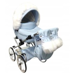 Duży wózek dla lalek lalki głęboki retro srebrny różowy + akcesoria Jackmar