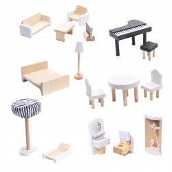 Domek dla lalek drewniany MDF oświetlenie LED + mebelki 78cm jasne kolory