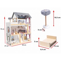 Domek dla lalek drewniany MDF oświetlenie LED + mebelki 78cm jasne kolory