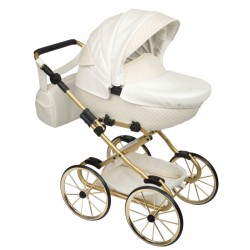 Duży wózek dla lalek lalki głęboki retro eko skóra biały złoty Jackmar