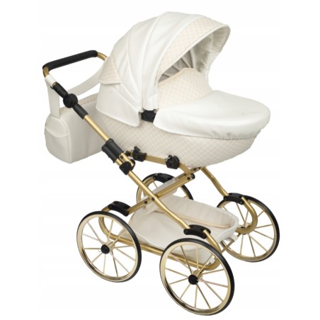 Duży wózek dla lalek lalki głęboki retro eko skóra biały złoty Jackmar