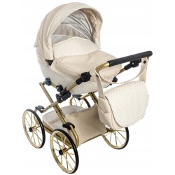 Duży wózek dla lalek lalki głęboki retro eko skóra beżowy złoty Jackmar