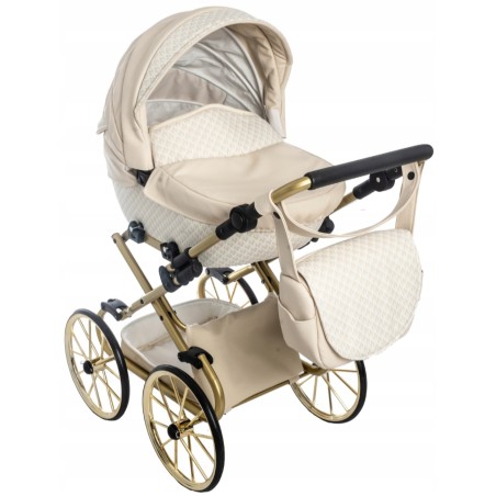 Duży wózek dla lalek lalki głęboki retro eko skóra beżowy złoty Jackmar