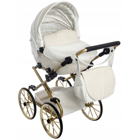 Duży wózek dla lalek lalki głęboki retro eko skóra biały złoty Jackmar