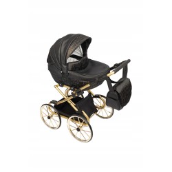 Duży wózek dla lalek lalki głęboki retro eko skóra biały złoty Jackmar