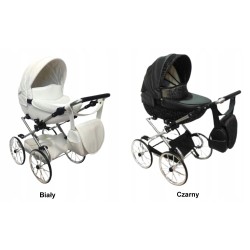 Duży wózek dla lalek lalki głęboki retro eko skóra biały złoty Jackmar